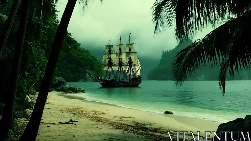 Tropical Beach with Anchored Ship and Misty Mountains AI Image