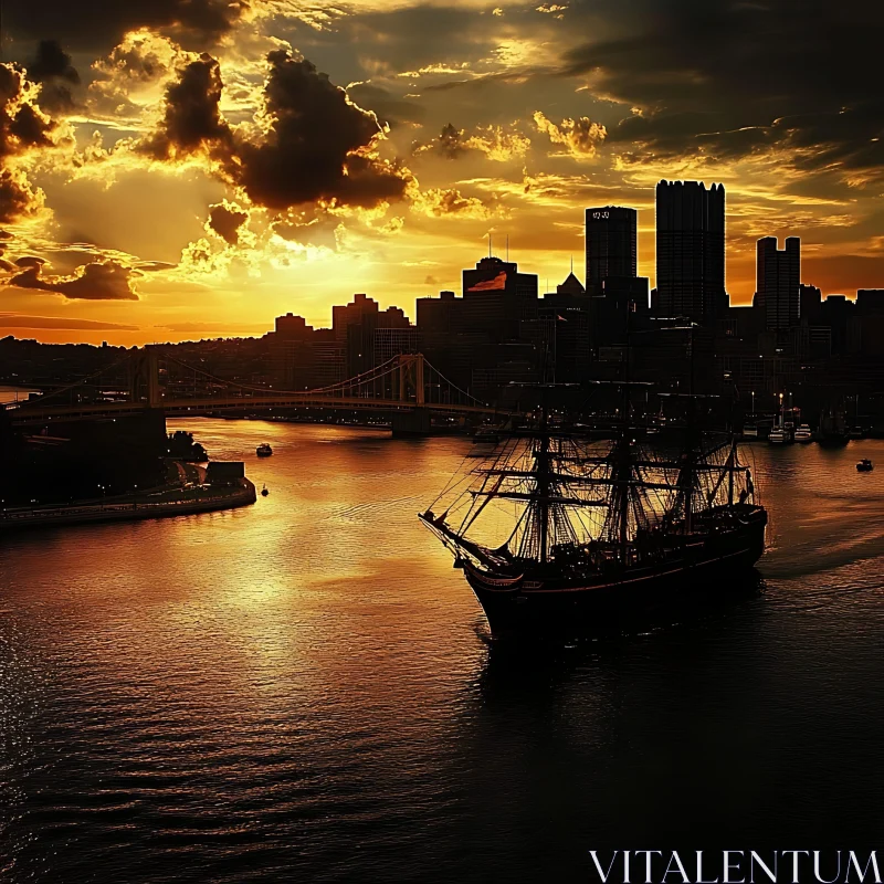 Golden City Sunset with Historic Ship and River AI Image