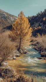 Golden Tree by a Flowing River in a Mountainous Terrain