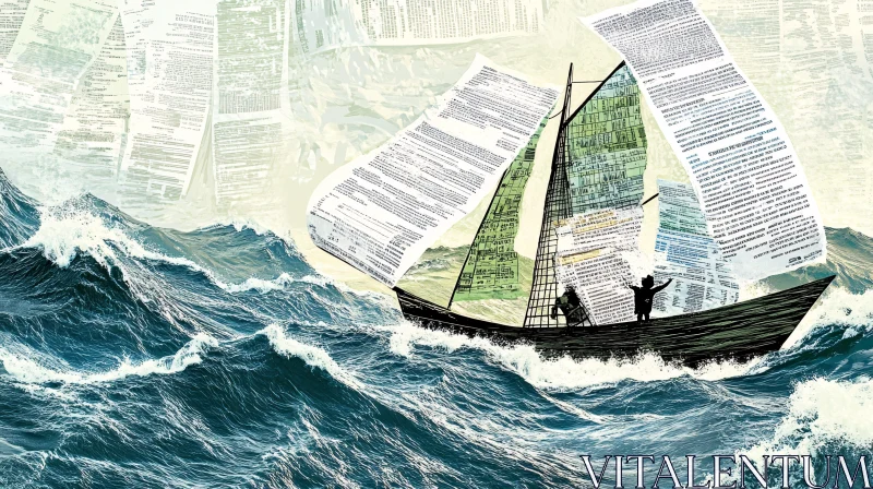 Sailing Boat with Paper Sails on Tumultuous Sea AI Image