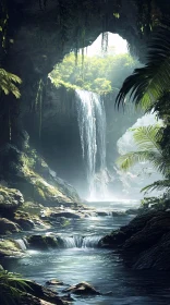 Majestic Waterfall Among Tropical Foliage