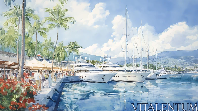 Peaceful Waterfront Marina with Palm Trees and Yachts AI Image