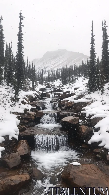 AI ART Winter Wonderland with Cascading Waterfall and Snow