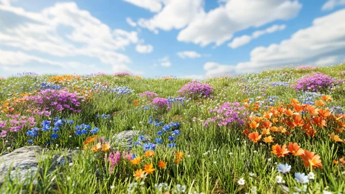 Blooming Flower Field with Blue Sky and Clouds