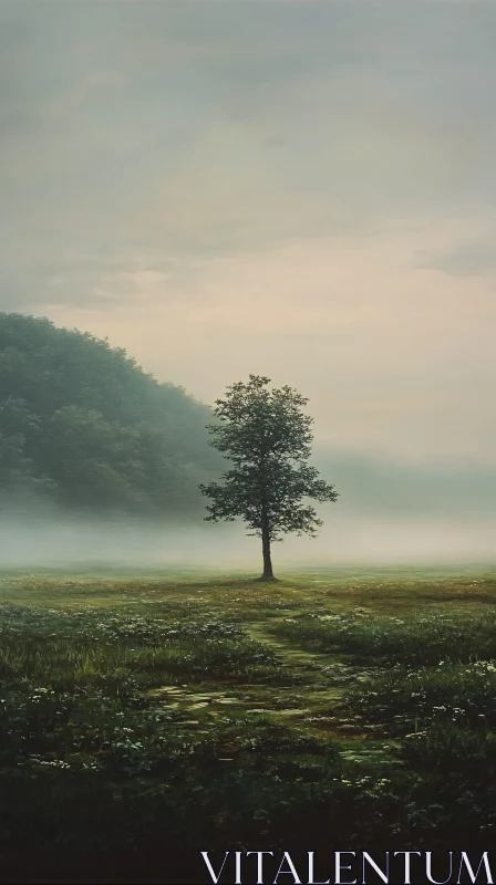 Lonely Tree Amidst Foggy Landscape AI Image