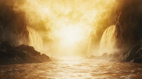 Nature's Golden Glow Over Majestic Waterfalls