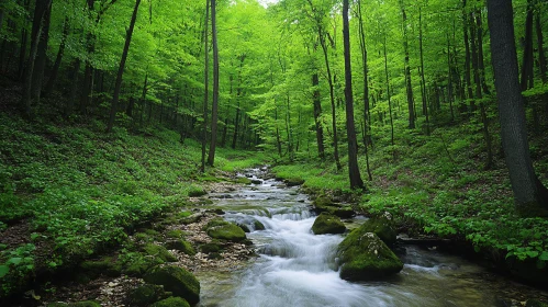 Serene Woodland with Flowing Stream