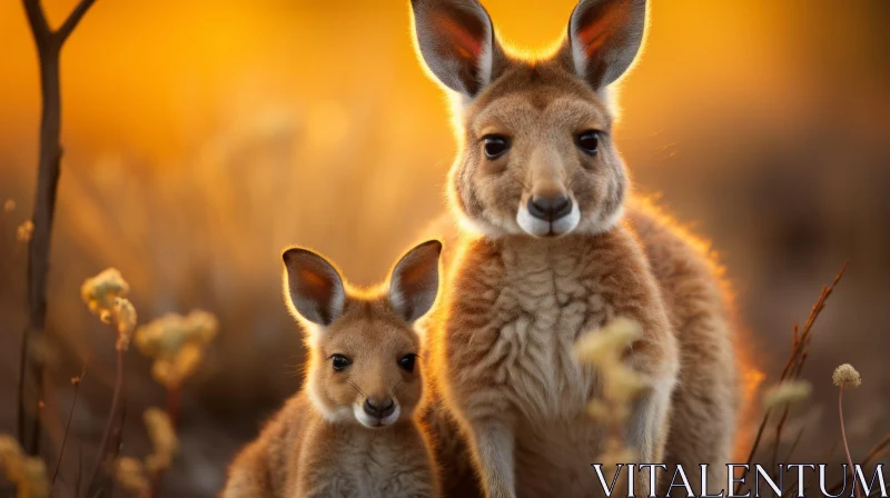 Mother and Baby Kangaroo in Sunset - A Close-up Wilderness Portrait AI Image