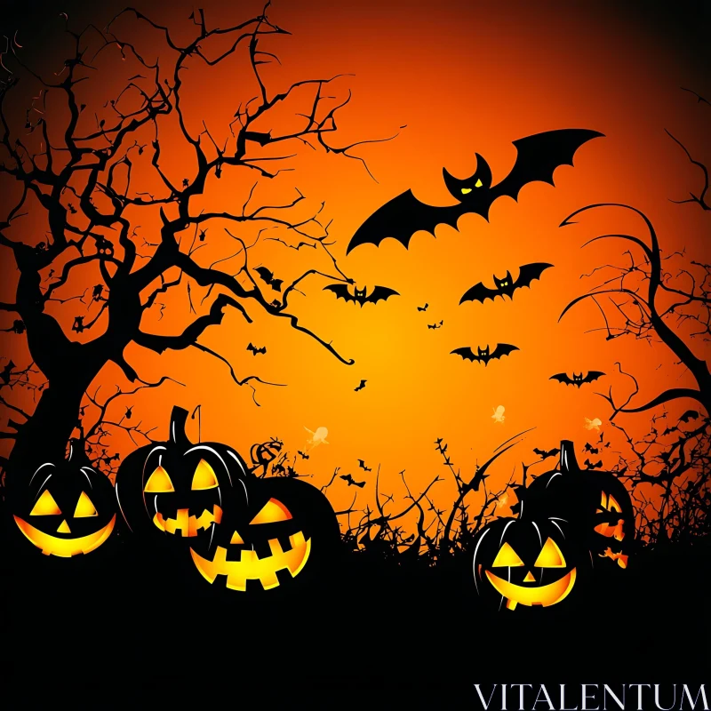 Eerie Night with Jack-O'-Lanterns and Flying Bats AI Image