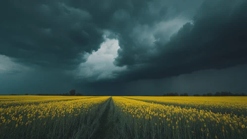 Yellow Flower Field With Stormy Sky