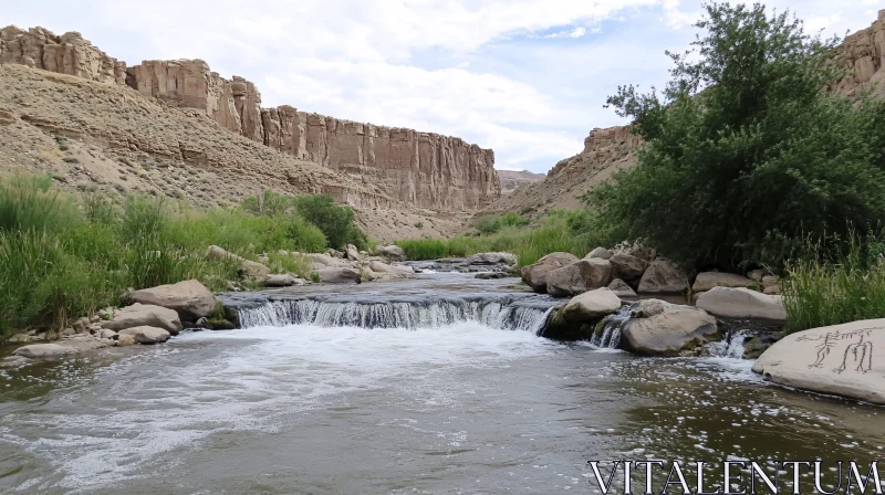 AI ART Peaceful River Scene with Cliffs and Waterfall