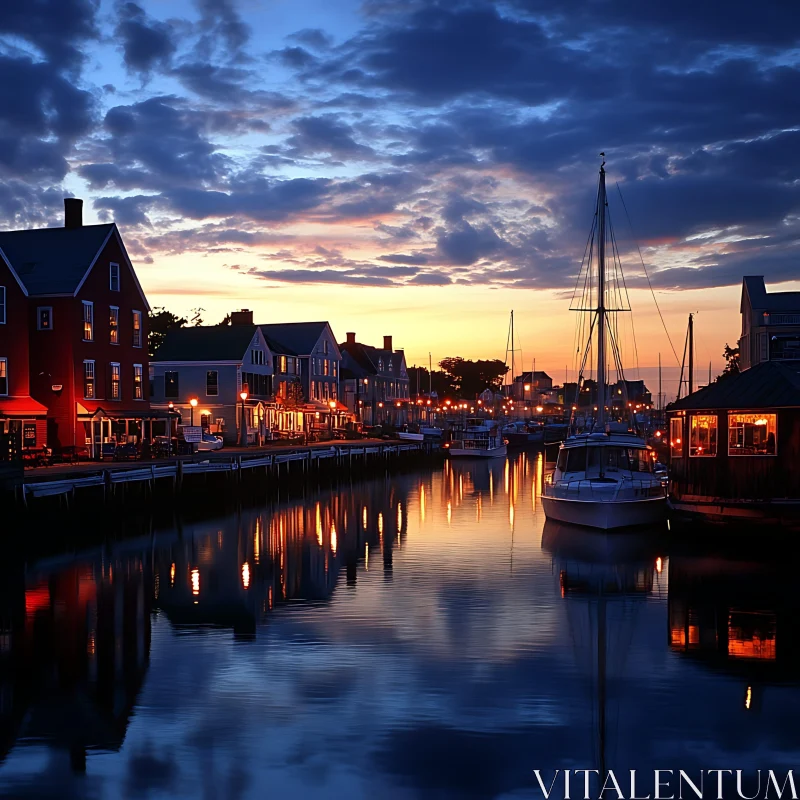 Dusk Harbor Scene with Boats and Sunset Reflections AI Image