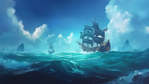 Turbulent Ocean and Majestic Pirate Ship