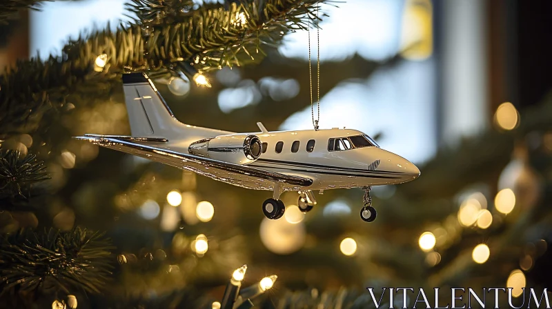 Festive Airplane Ornament on Tree with Lights AI Image