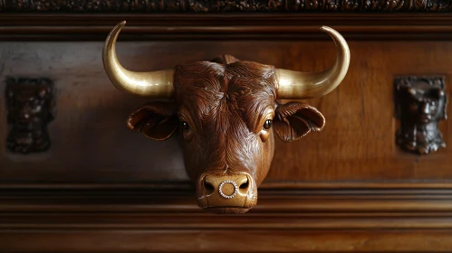 Detailed Wooden Bull Head Wall Mount