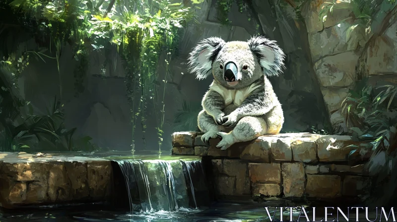 AI ART Koala by a Peaceful Waterfall