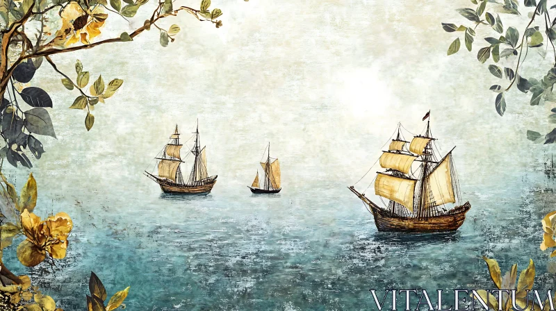 Vintage Sailing Ships with Floral Foliage AI Image