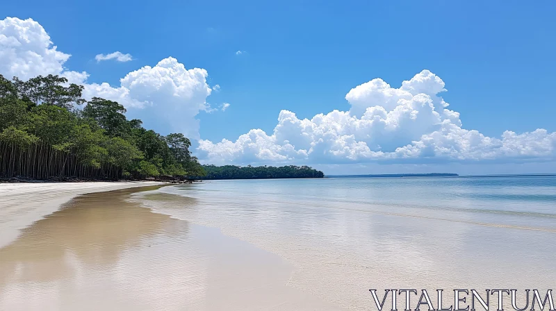 AI ART Serene Beach Scene with Forest and Clouds