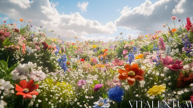 Colorful Flower Field with Fluffy Clouds AI Image