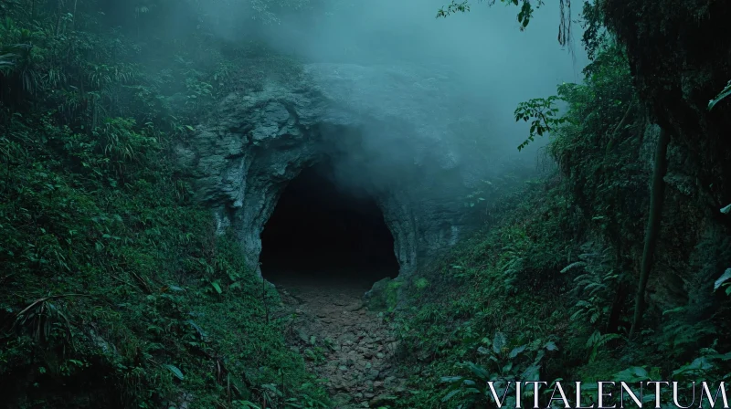 AI ART Foggy Cave in Lush Green Forest