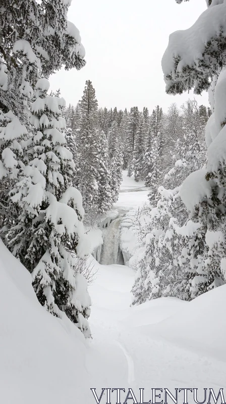 AI ART Tranquil Winter Wonderland with Icy Waterfall