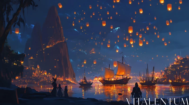 Floating Lanterns in a Surreal Night Sky AI Image