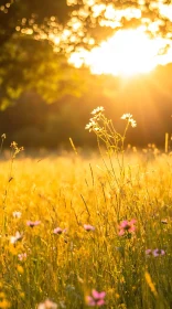 Sunset Meadow with Wildflowers and Golden Light