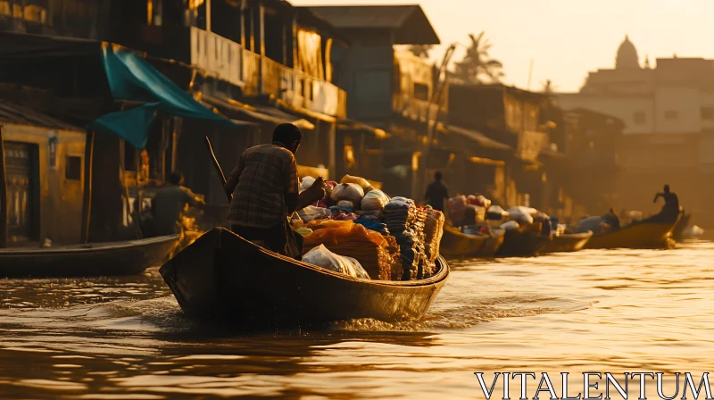 Vibrant Boat Market at Sunset AI Image