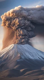 Snow-Capped Volcano Erupting with Dark Ash Plumes