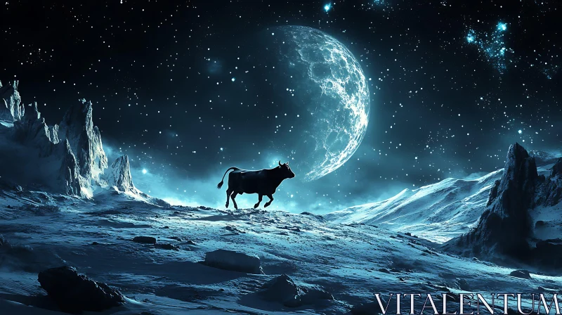 Bull Beneath the Moon in Snowy Mountains AI Image