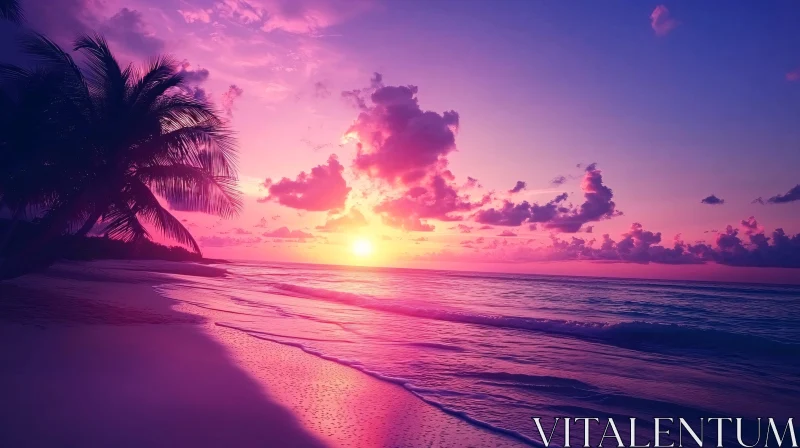 Tranquil Beach Sunset with Pink and Purple Sky AI Image