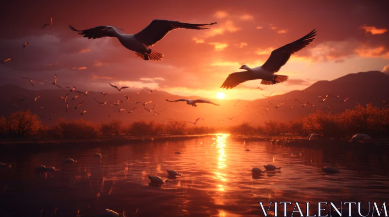 Breathtaking Sunset with Birds Over River AI Image