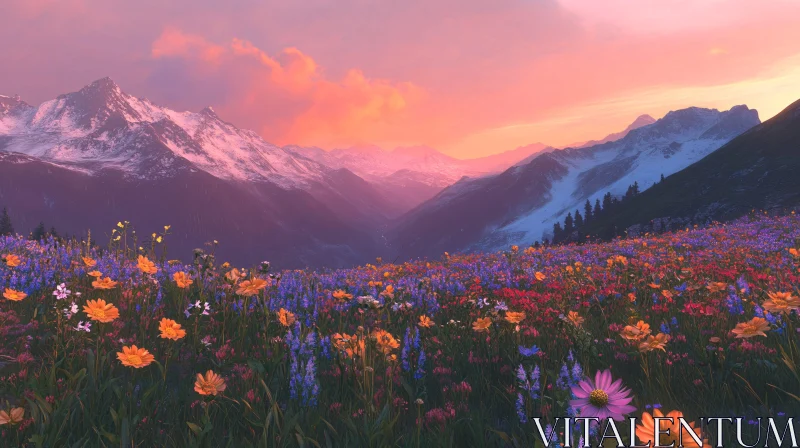 Sunset Over a Flower Filled Alpine Meadow AI Image