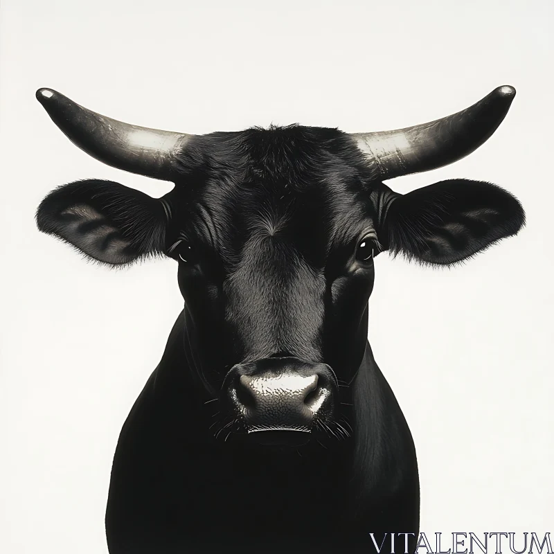 Majestic Black Cow with Horns Against White Backdrop AI Image