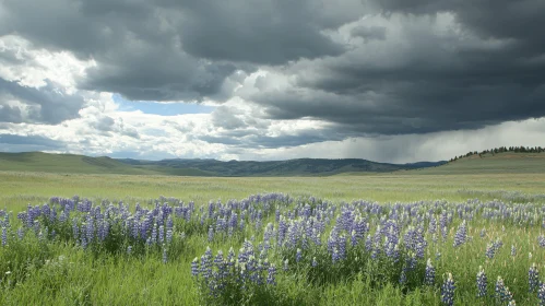 Stormy Sky Over a Blooming Prairie Field