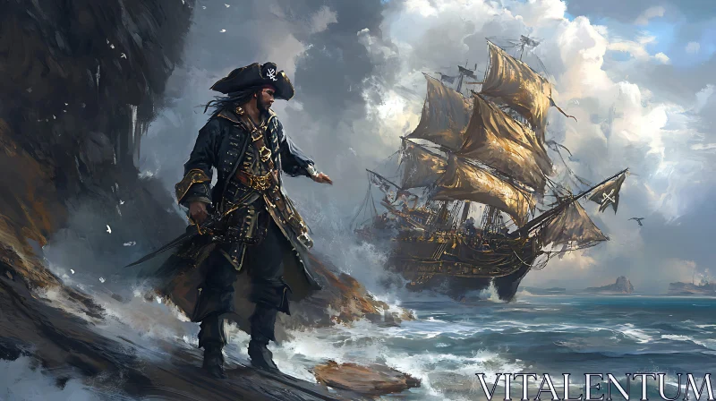 Pirate Adventure Overlooking Ship in Turbulent Waters AI Image