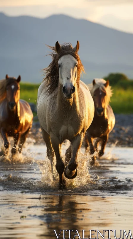 Horses Running Through Water at Sunrise: A Storytelling Visual AI Image