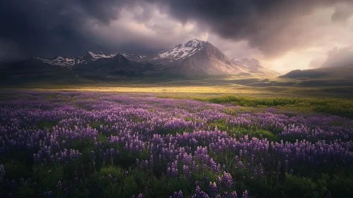 Majestic Mountain Landscape with Flower Field