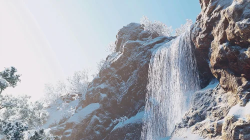 Peaceful Waterfall Amidst Snow-Capped Rocky Terrain