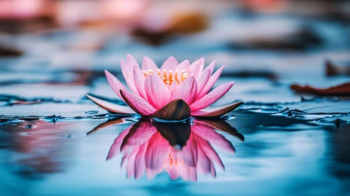 Floating Pink Lotus with Reflective Water