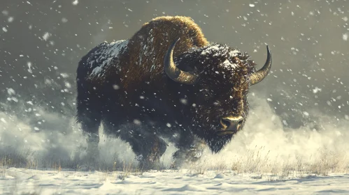 Wild Bison in Winter Snowstorm