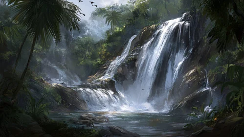 Picturesque Waterfall in a Dense Tropical Forest