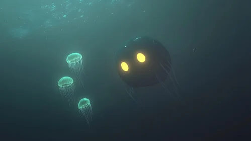 Marine Life with Luminous Jellyfish and Enigmatic Entity