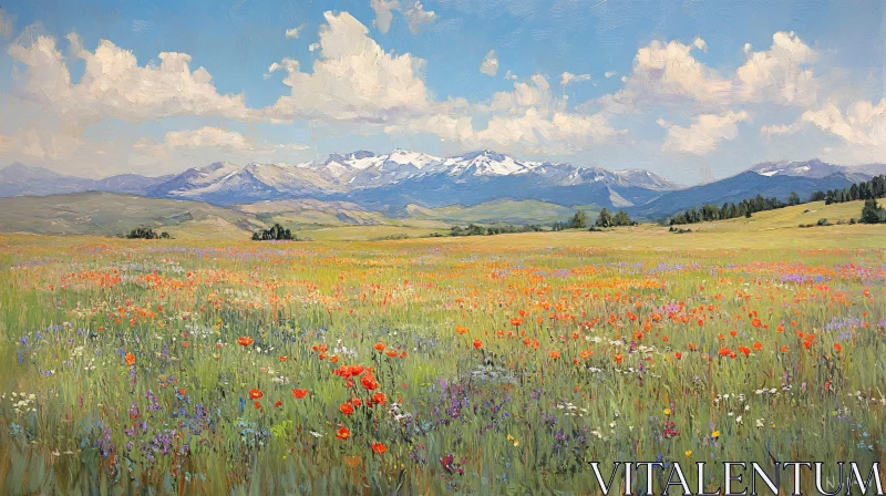 Spring Meadow with Mountains and Wildflowers AI Image