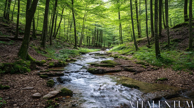 Peaceful Forest Stream Surrounded by Greenery AI Image