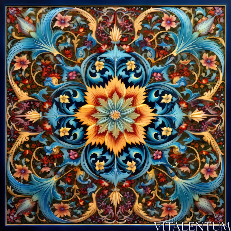 Artistic Floral Design in Blue and Yellow - Qajar Art Influence AI Image