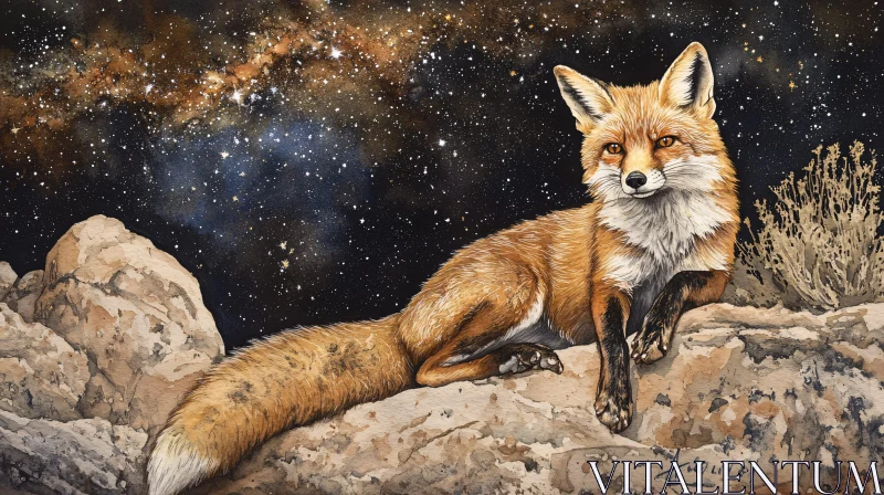 AI ART Fox Relaxing in a Rocky Landscape with a Starry Background