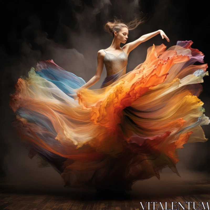 Captivating Dance Image: A Dancer in a Vibrant, Multicolored Gown AI Image