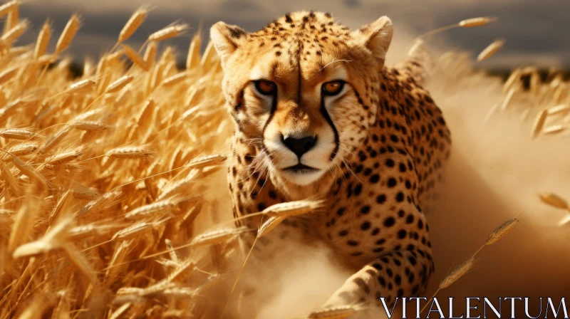 Cheetah Sprinting in Golden Wheat Field: A Portrait of Speed AI Image