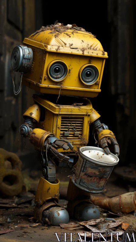 Little Yellow Robot in an Abandoned Yard - Photorealistic Detailing AI Image